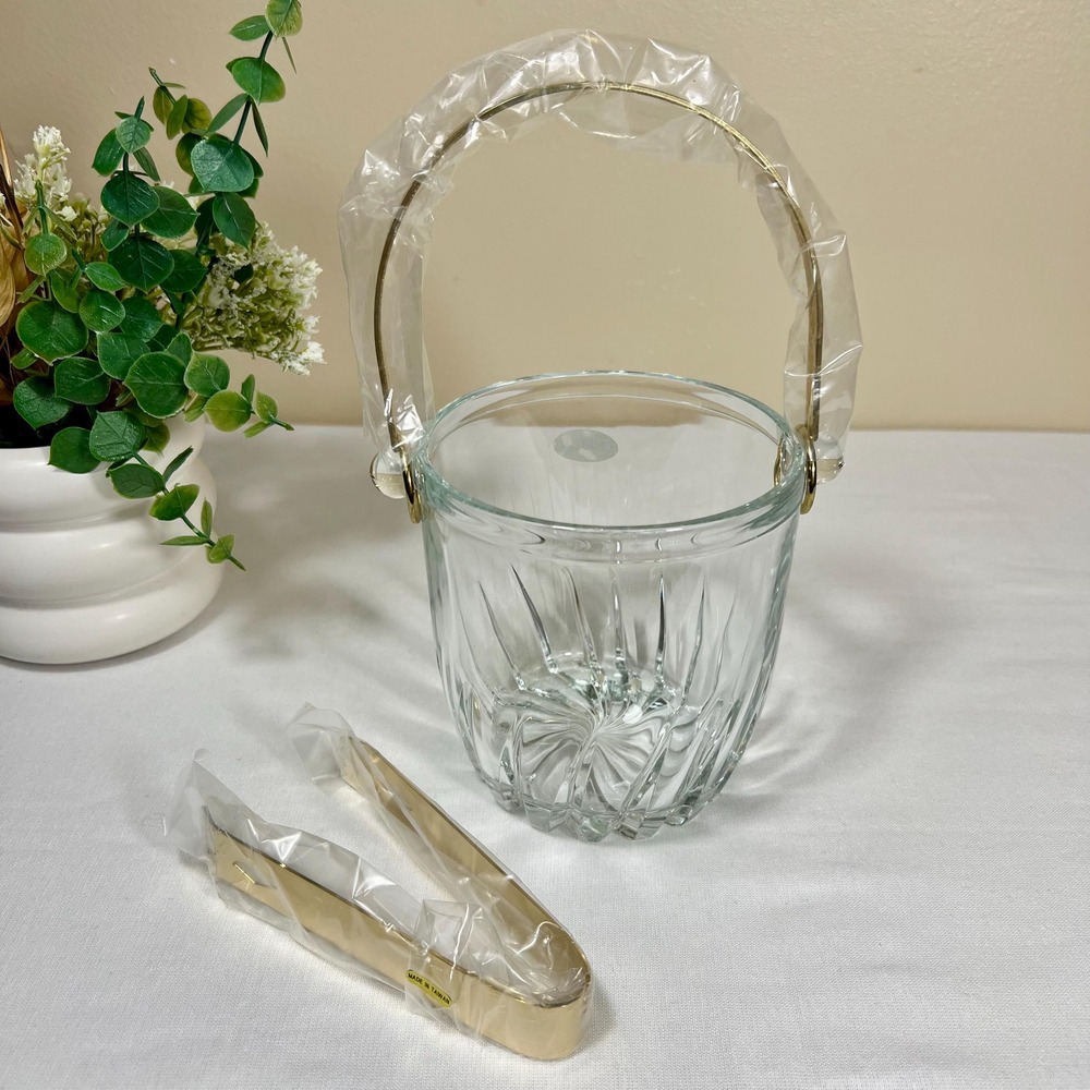 Vintage Crystal Oneida Ice Bucket with Gold Tongs | New without Box - Picture 3 of 10